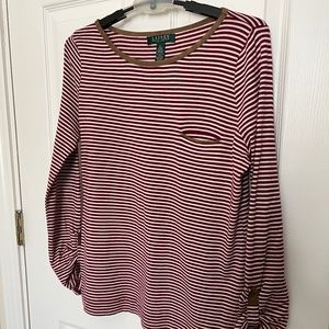 Women Ralph Lauren Stretchy Striped LongSleeve Tee Roll Sleeve Cocoa Accents PL